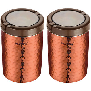                       Trueware Stainless Steel Lacquer Finish Hammer Lift Up Plus Airtight 1000 Ml Set Of 2Pcs-Copper                                              