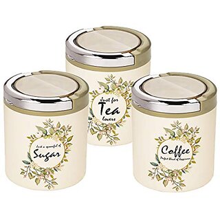                       Trueware Lift up STC Canister Set of 3 Sugar Tea coffee 750 ml each with Plastic Body BPA free (Olive Green)                                              