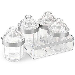                       Trueware Kimora Serving Set Of 4 Pcs With Tray -Silver Cyrstal Cut Pattern Plastic Dry Fruit Jars500ml Each Unbreakable Container                                              