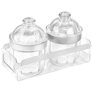                       Trueware Kimora Serving Set o f 2 Pcs With Tray - Silver Crystal Cut Pattern Plastic Dry Fruit Jars500ml Each Unbreakable Container                                              
