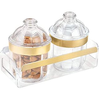                      Trueware Kimora Serving Set o f 2 Pcs With Tray - Rose Gold Crystal Cut Pattern Plastic Dry Fruit Jars500ml Each Unbreakable Container                                              