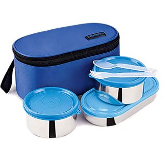                       Trueware Yum Yum XL 2+1 Lunch Box with Stainless Steel Tiffin Box for Office amp School Use- Blue 400ml x2500 ml x1                                              