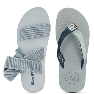                       OLIVER WALK Men Grey Sandal and Slipper (Pack of 2)                                              