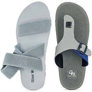 OLIVER WALK Men Trending Grey Sandal  Flip Flop Set (Pack of 2)