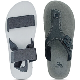                       OLIVER WALK Men Trending Sandal  Flip Flop Set - Gray(Black) (Pack of 2)                                              