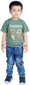 Kid Kupboard Cotton Baby Boys T-Shirt {Olive Green, Half-Sleeves, Round Neck}
