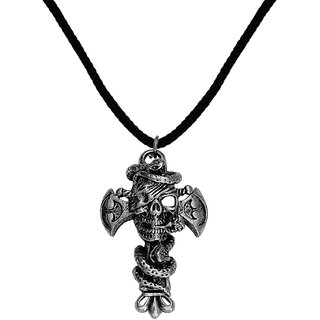                       M Men Style Biker Jewellery Stylish  Head With Snake Jesus Cross  Silver Metal Cotton Dori Pendant                                              