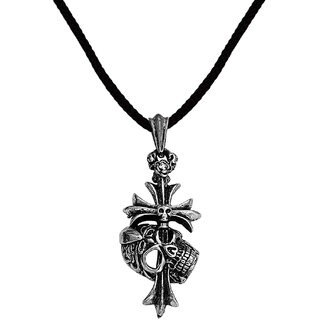                       M Men Style  Biker Jewellery Cross With  Head    Silver  Zinc  Metal  Cotton Dori  Pendant                                              