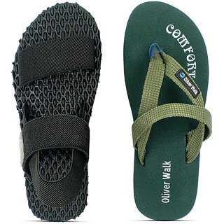                       OLIVER WALK Men Flip Flop  Sandal Set - Green and Black (Pack of 2)                                              