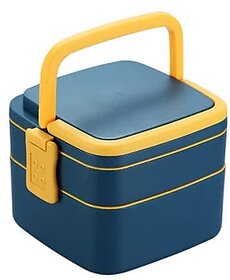 Double-Layer Square Lunch Box with Handle, 2 Compartment Plastic Tiffin with Push Lock for Travelling, Kids and Office