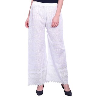                       Cotoncroton Creations Comfort Fit Women's Embroidered White Plazzo                                              