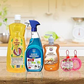 MarkoSafe Kitchen Cleaning Essential Kit  Dishwash Liquid 1Ltr  Sandalwood Handwash 500ml Glass Cleaner 500mlAirfreshner 70gm (Pack of 2)