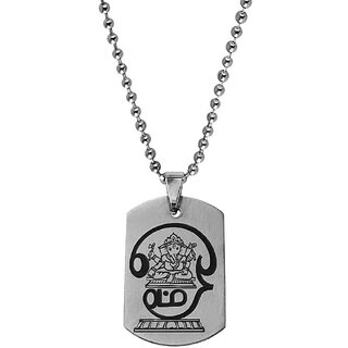                      M Men Style  Tamil Om With Ganesh   Silver And Black  Stainless Steel  Pendant Necklace Chain                                              
