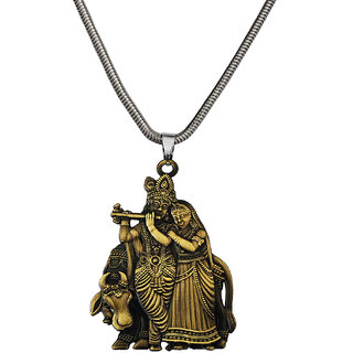                       M Men Style  Shri Radha Krishna Idol With Cow With Snake Chain  Bronze  Metal  Pendant Necklace                                              