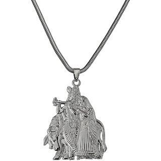                       M Men Style  Shri Radha Krishna Idol With Cow With Snake Chain Silver  Zinc  Metal Pendant Necklace                                              