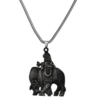                       M Men Style  Lord Krishna with Cow Idol Snake Chain  Grey  Zinc And Metal Pendant Necklace  For Men                                              