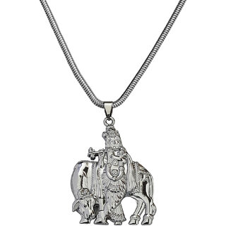                       M Men Style  Lord Krishna with Cow Idol Snake Chain Silver  Zinc And Metal Pendant Necklace For Men                                              