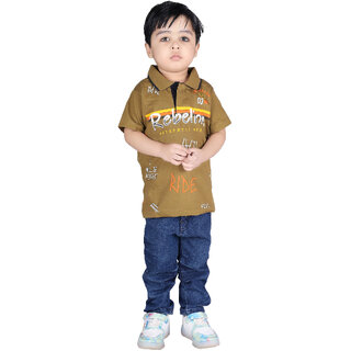                       Kid Kupboard Cotton Baby Boys Solid T-Shirt Dark Yellow, Half-Sleeves, Collared Neck                                              