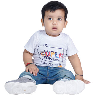                       Kid Kupboard Cotton Baby Boys T-Shirt Light White, Half-Sleeves, Round Neck                                              