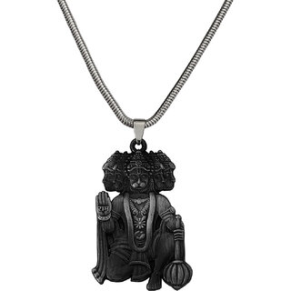                       M Men Style Lord Shree Panchmukhi  Hanuman  Snake Chain  Grey  Zinc  Metal Pendant Necklace For Men                                              