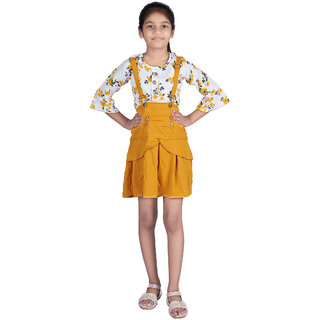                       Kid Kupboard Girls White Top and Yellow Skirt Cotton, Full-Sleeves, Round Neck                                              