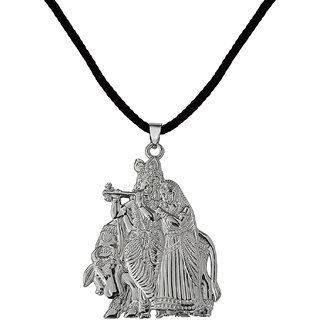                       M Men Style Shri Radha Krishna Idol With Cow With Cotton Dori   Silver   Metal Pendant Necklace                                              