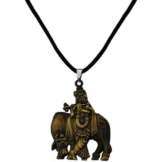                       M Men Style Lord Krishna with Cow Idol With Cotten Dori  Bronze  Metal Pendant Necklace                                              