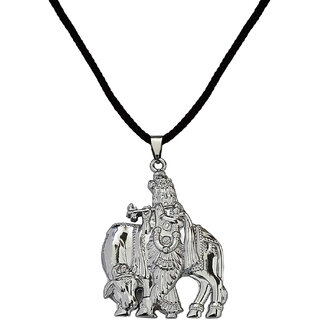                       M Men Style Lord Krishna with Cow Idol With Cotten Dori  Silver   Metal Pendant Necklace                                              