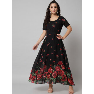                       Vivient Red Floral printed Black georgette Long dress                                              