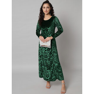                       Vivient Green Printed Velvet long dress                                              