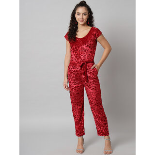                       Vivient Pink Printed Velvet Jumpsuite                                              