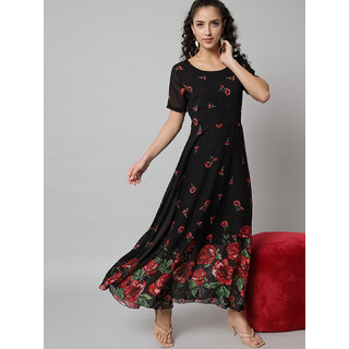                       Elizy Red Floral Printed Georgette Black dress                                              