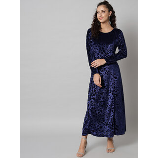                       Elizy Women Blue Printed Velvet long dress                                              