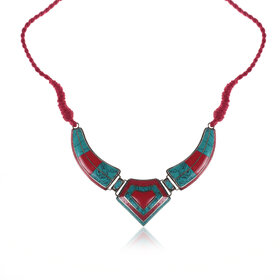 Niara Handmade Hasli Styled Necklace in Red  Green Colored Stones with Nepali Tribal Art Work