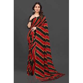 Red Colour Stripped Pure Georgette Printed Saree With Blouse Piece Red Colour Stripped Pure Georgette Printed Saree With Blouse Piece