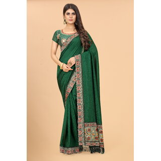                       Green Colour Vichitra Silk Embroidried Sarees                                              