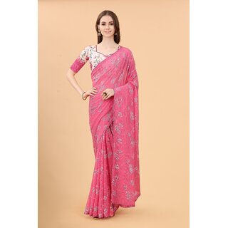                       Pink Colour Zoya Silk Digital Printed Saree With Lace Border                                              