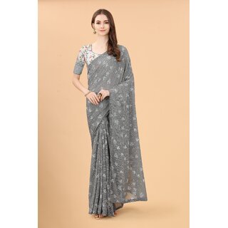 Grey Colour Zoya Silk Digital Printed Saree With Lace Border Grey Colour Zoya Silk Digital Printed Saree With Lace Border