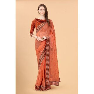                       Orange Colour Simar Silk Embroideried Saree With Lace                                              