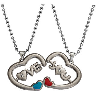                       M Men Style Valentine Gift Double Heart Shape Love You   Silver  Zinc And Metal Pendant Necklace                                              