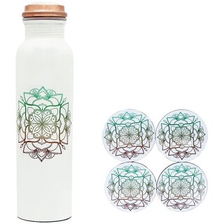                       Divian Exclusive Special Combo Tea Coaster Set with Meenakari Mandala Printed Set of 4 Coaster  1 Copper Bottle)(White)                                              
