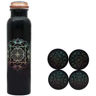                       Divian Exclusive Special Combo Tea Coaster Set with Meenakari Mandala Printed Set of 4 Coaster  1 Copper Bottle)(black)                                              