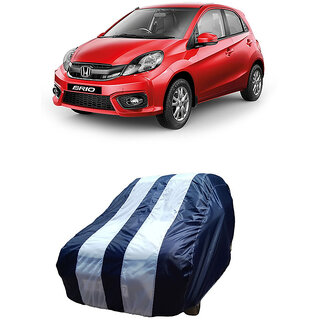 ATBROTHERS Water Resistant Car Cover compatible for Honda Brio with Triple Threads Stitches in White and Blue