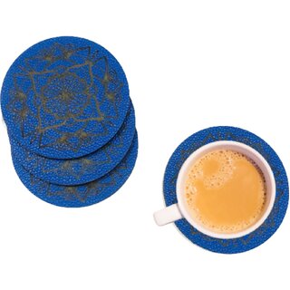                       Divian Exclusive Mandala Engrave PU Leather Coaster Set of 4  MDF Wood Material Tea Coaster for Homeware. (Blue)                                              