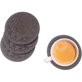                       Divian Exclusive Mandala Engrave PU Leather Coaster Set of 4  MDF Wood Material Tea Coaster for Homeware.                                              