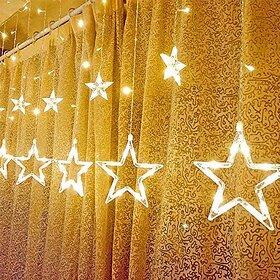 Star Shaped Led Lighting For Diwali Led String Lights Star Curtain Lights 12 Stars(6 Big Stars 6 Small Stars) Window Diy Lighting For Diwali, Christmas, Holiday, Party Backdrops, Home Garden, Outdoor,( Yellow)