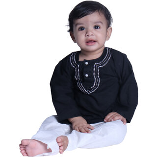 Kid Kupboard Cotton Baby Boys Kurta and Pyjama Set Black, White Full-Sleeves, Collared Neck