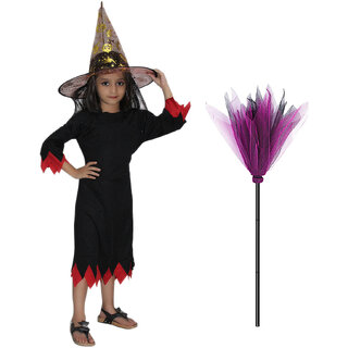                       Kaku Fancy Dresses Halloween Witch Dress With Hat & Broomstick For Boys & Girls                                              
