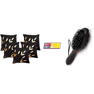                       Style Maniac Silk Decorative Golden Leaf print Cushion Covers Set of 5 & Hair Massager Brush                                              