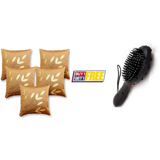                       Style Maniac Silk Decorative Golden Leaf print Cushion Covers Set of 5 & Hair Massager Brush                                              